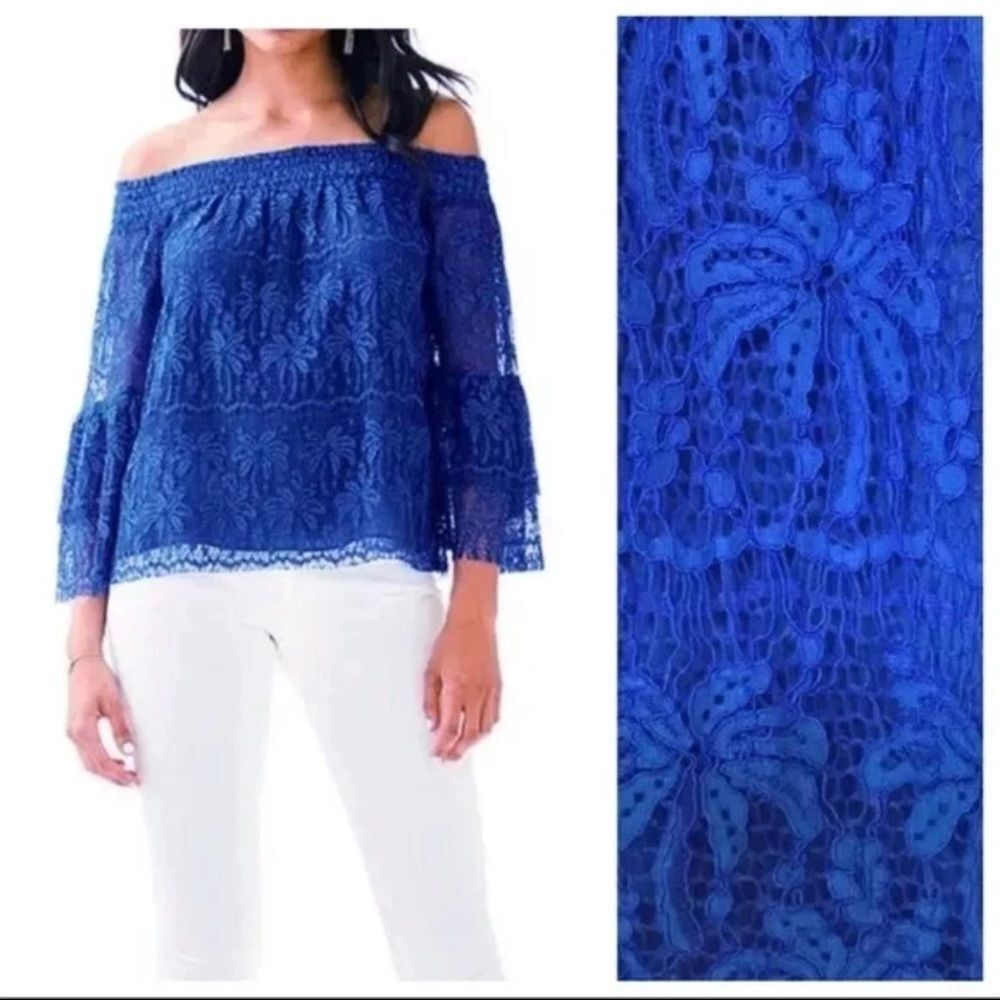 LILLY PULITZER TOBYN OFF SHOULDER TOP IKAT BLUE PALM TREE LACE SIZE S NWT